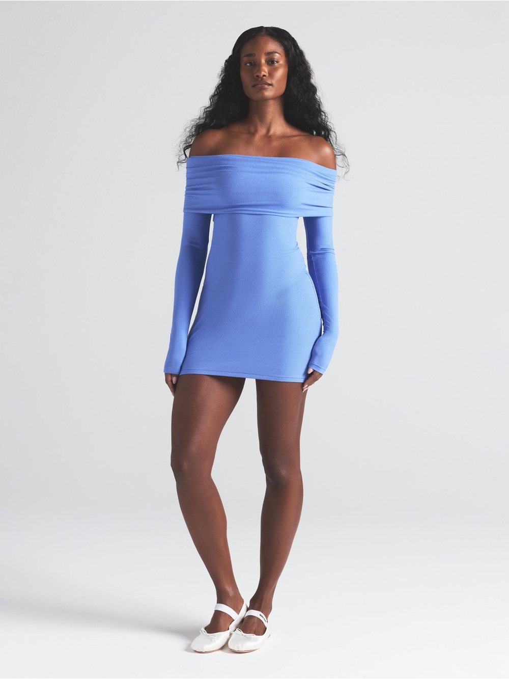 SKIMS Off Shoulder Cielo Long Sleeve Mini Dress Periwinkle‎ Blue M